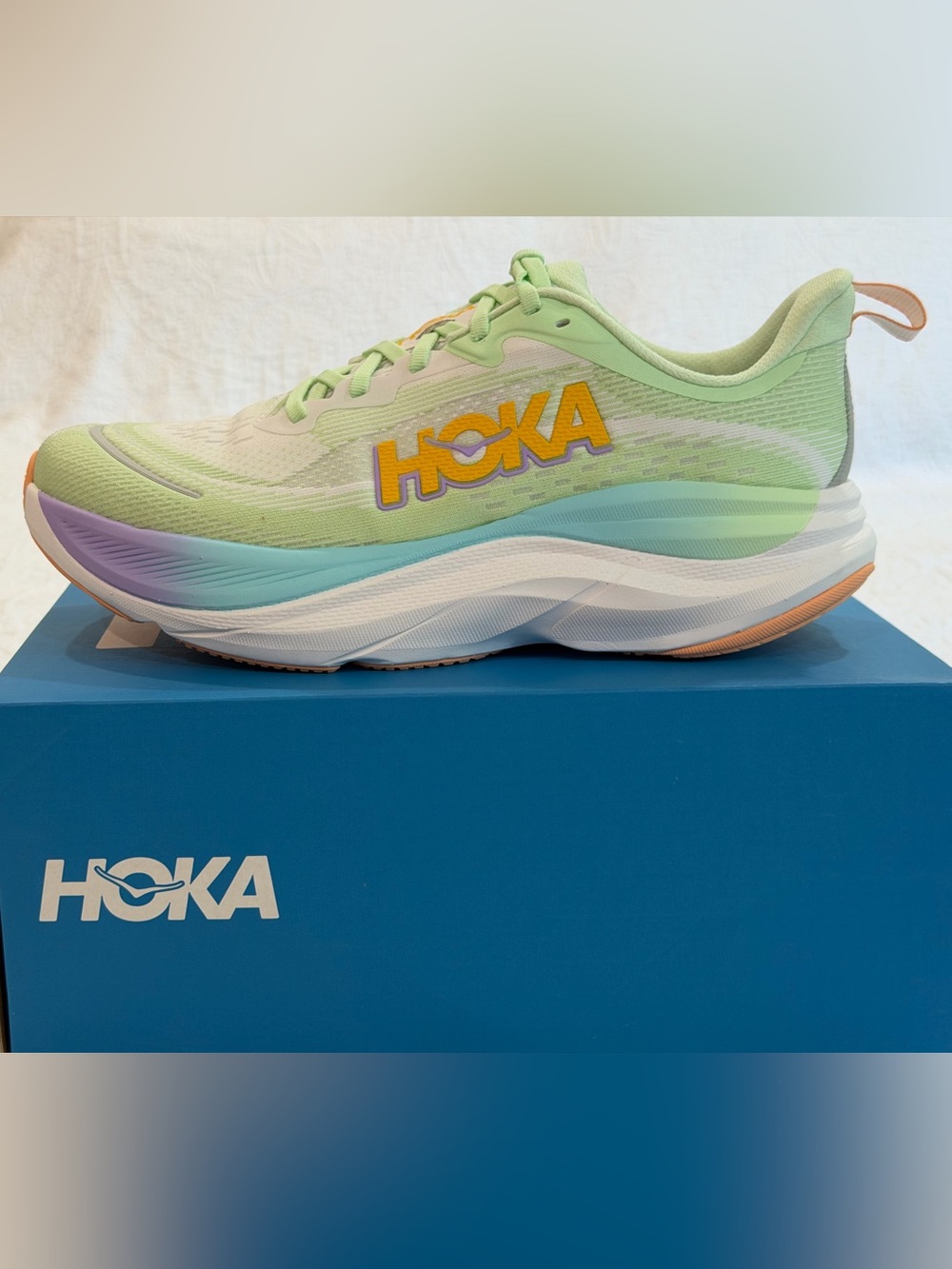 Hoka Women's Skyflow Light Green & Lavender Running Shoes with Yellow Logo - Picture 2 of 13